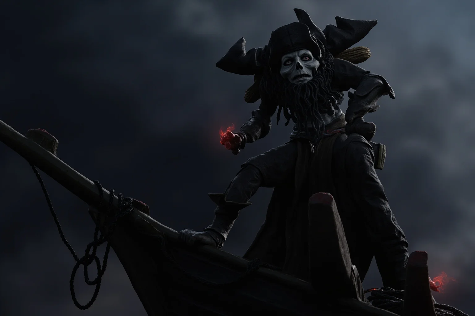 A shadowy, imposing pirate figure with smoking fuses tucked into a dark beard, standing on a ship bow