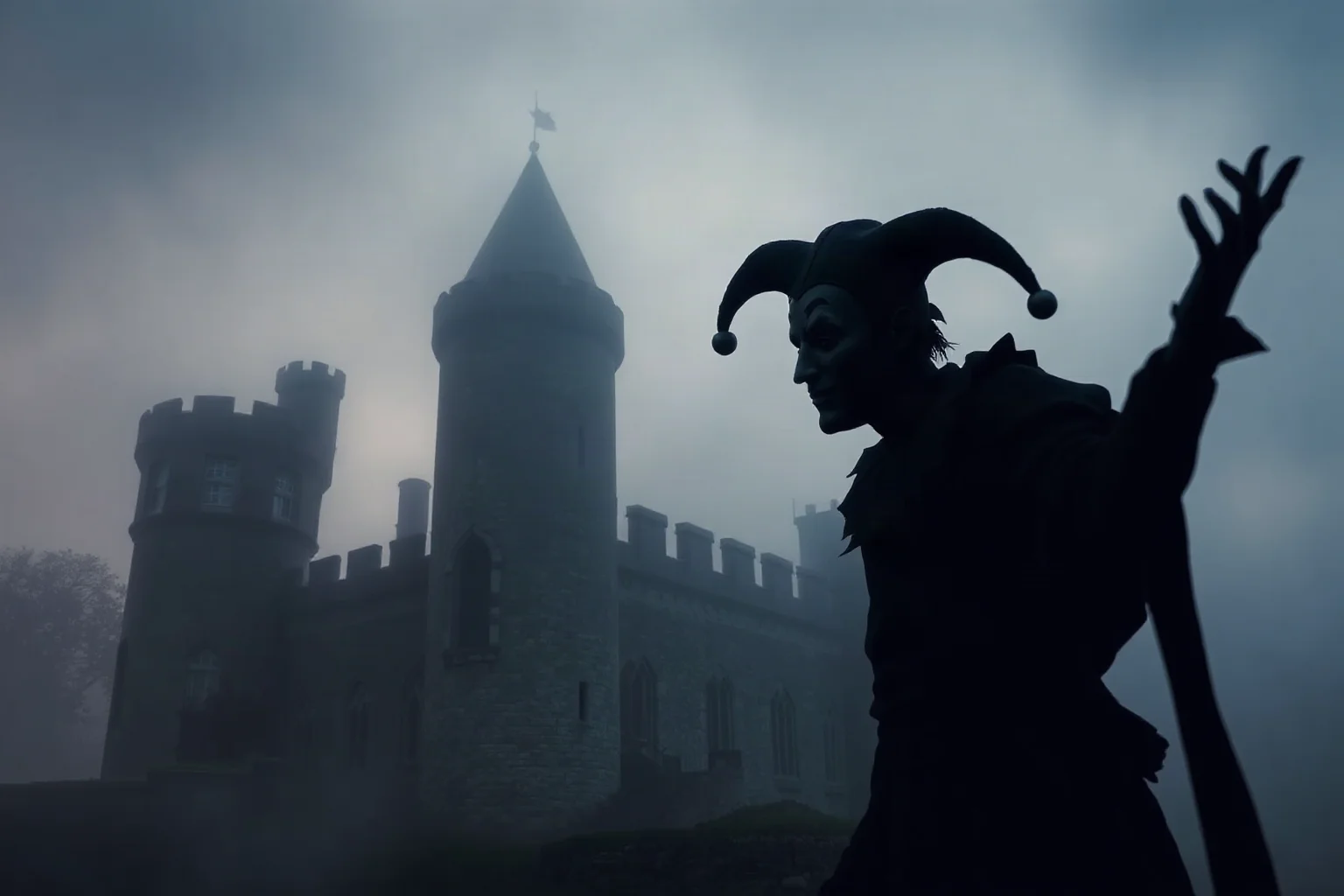 A shadowy jester figure amid the misty stone towers of an old English castle at dusk