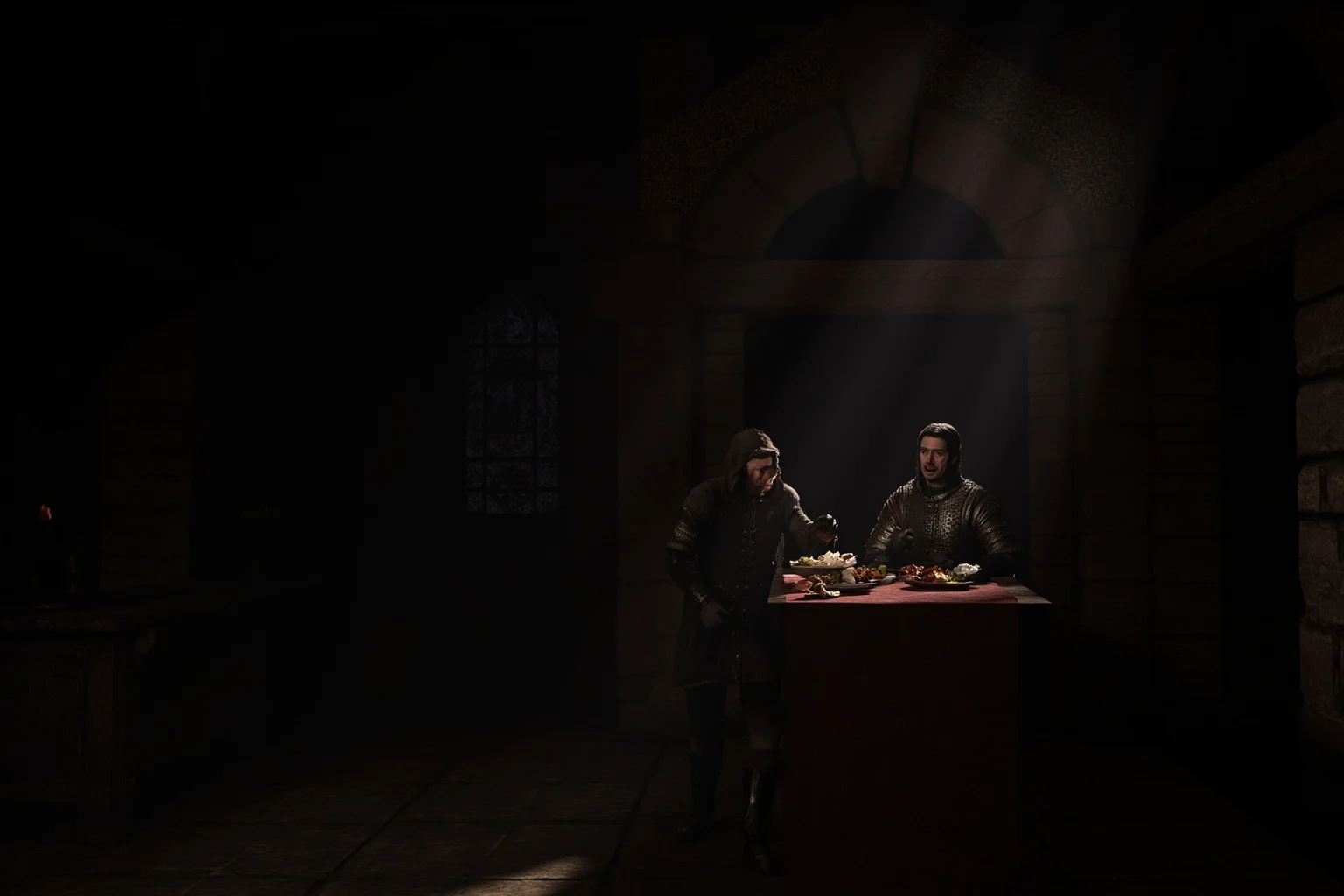 The Strange History Of The Poison Apple 16 A shadowy medieval castle banquet hall with a food taster standing beside a nobleman's table