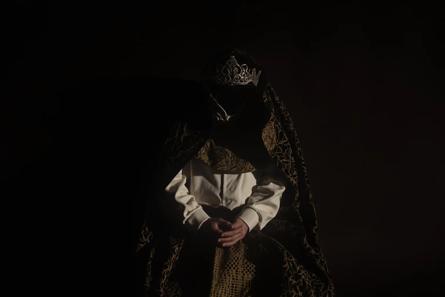 A shadowy medieval papal robe and tiara resting on an empty throne, evoking the Pope Joan legend