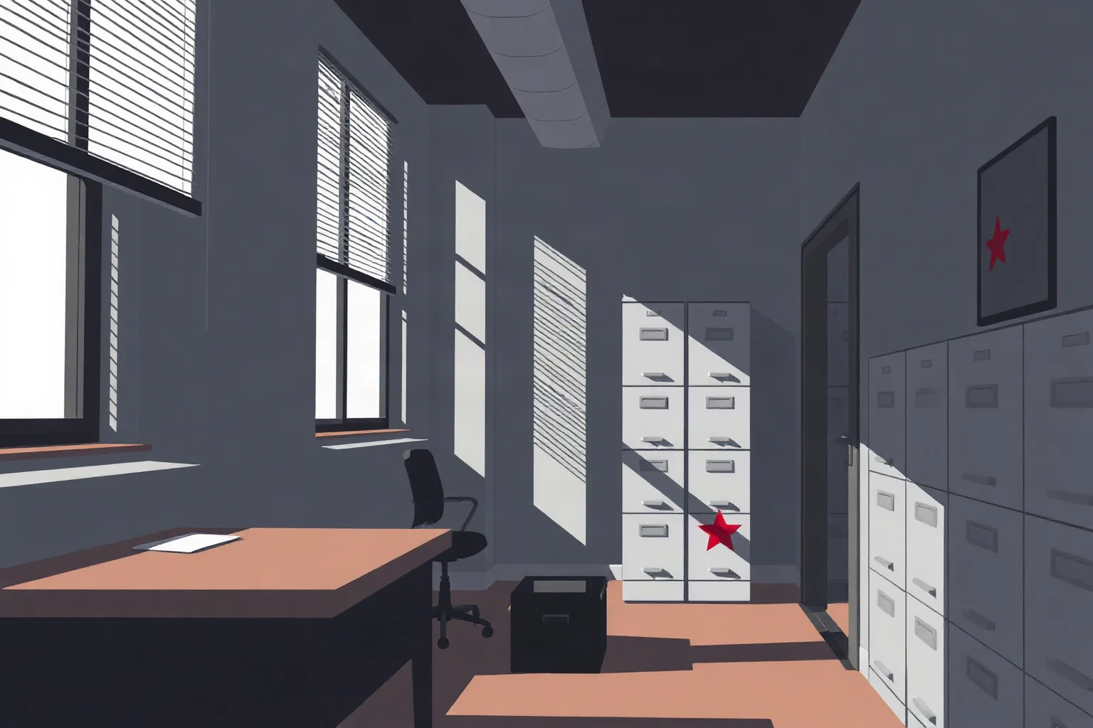 A shadowy Moscow office interior with filing cabinets and a red star motif, symbolic illustration