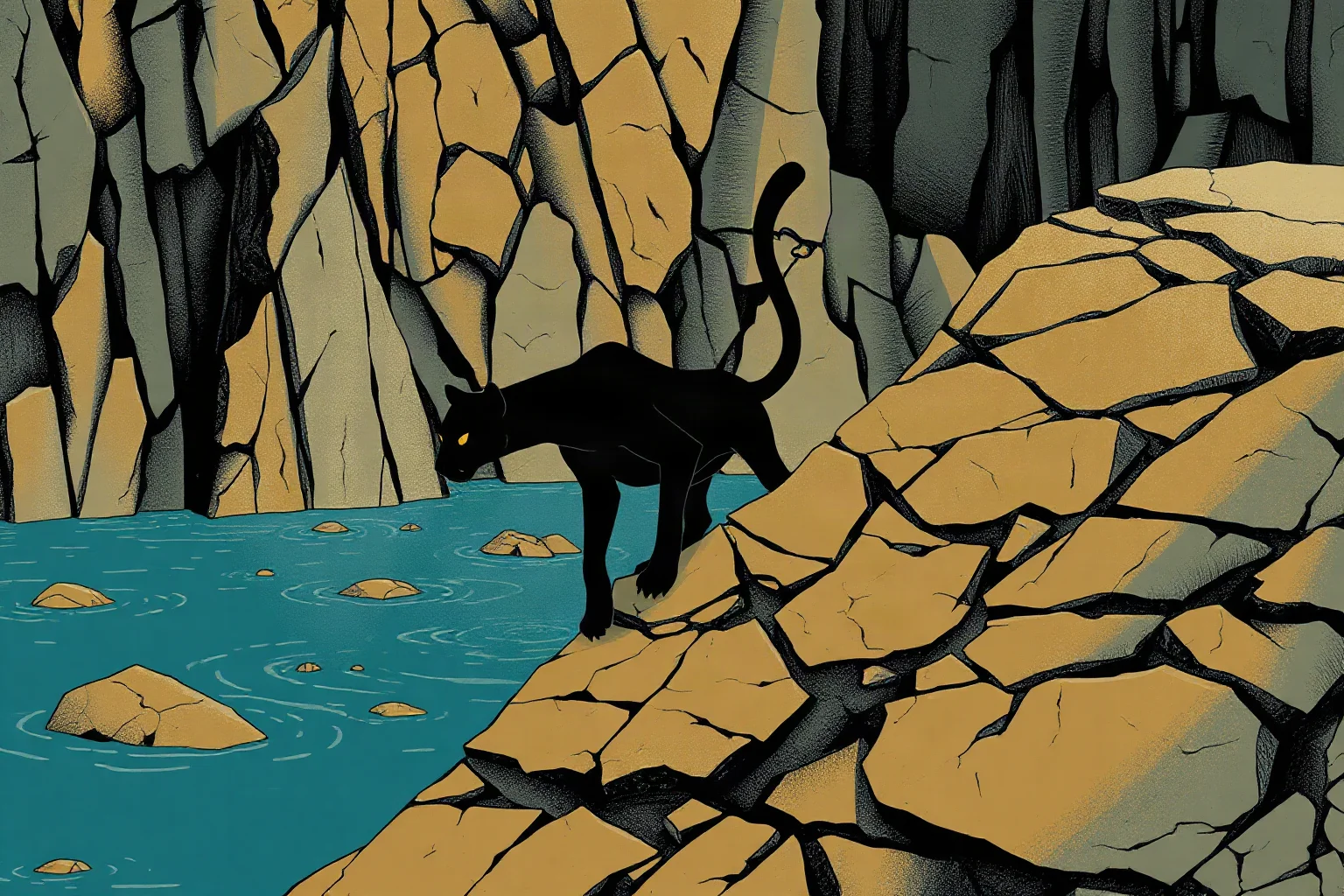 A shadowy panther-like creature emerging from deep blue lake water among rocky cliffs, folklore illustration style