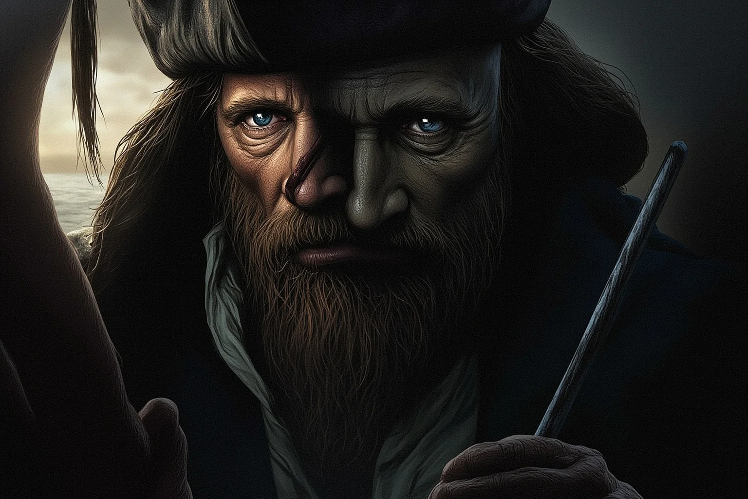 A shadowy pirate captain being interrogated after capture aboard a naval ship, historical illustration style