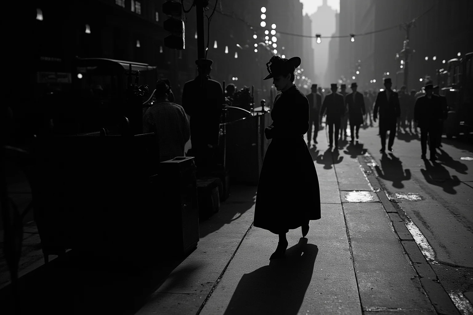 23 Facts About Hetty Green, the Billionaire Who Lived Like a Beggar 8 A shadowy silhouette of a woman in black Victorian clothing walking through a bustling 1880s Wall Street street scene