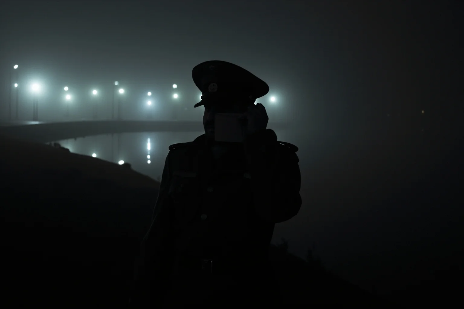 A shadowy Soviet military officer's silhouette at a foggy Moscow river embankment at night, holding a hidden envelope