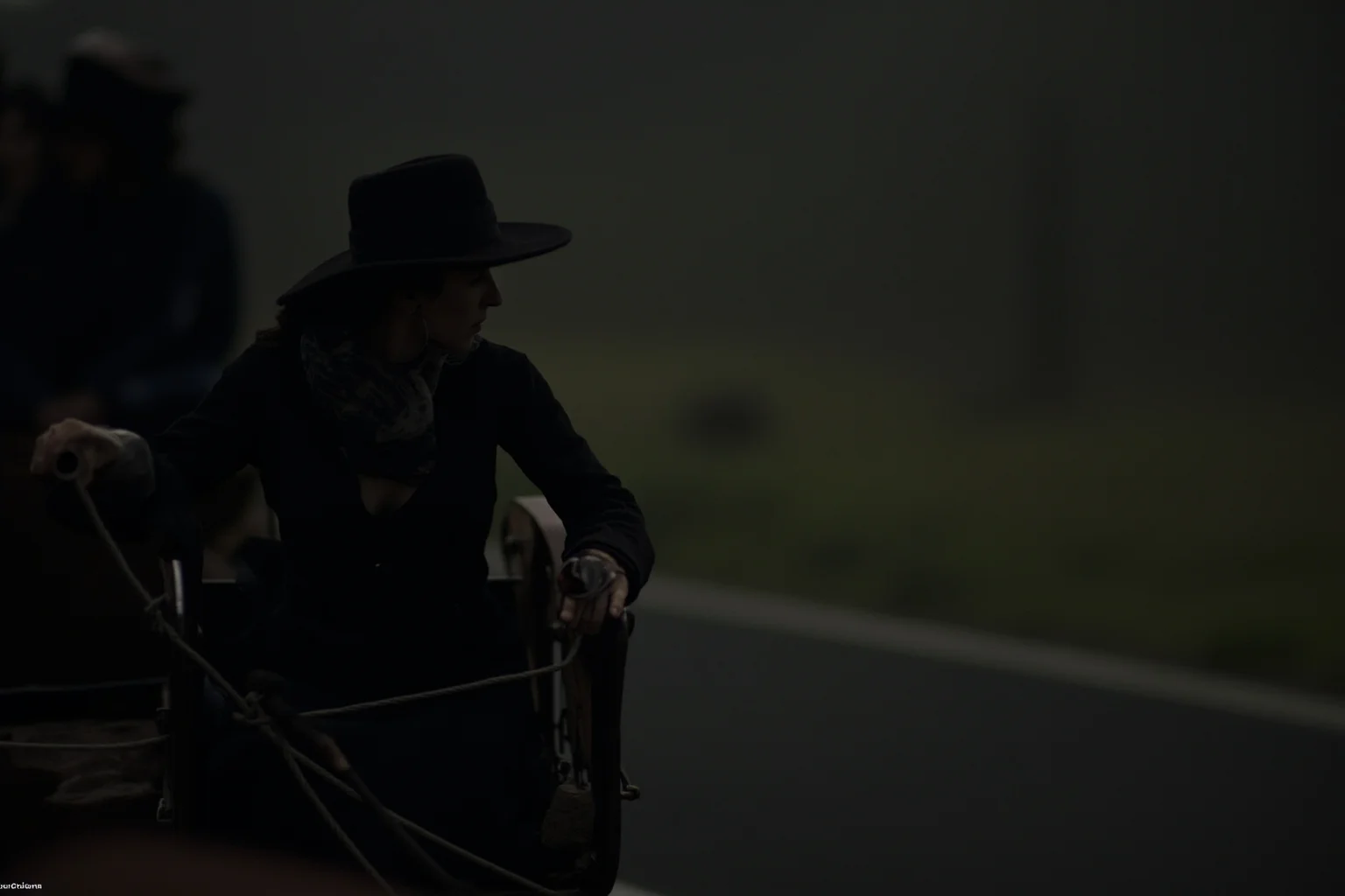 A shadowy, veiled woman traveling alone by stagecoach along a dark countryside road, mysterious mood