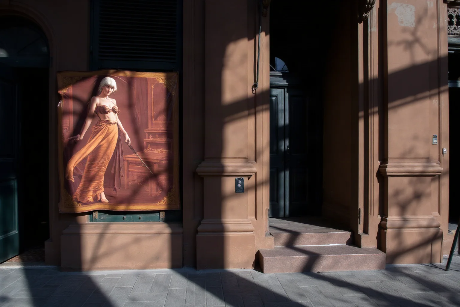 A shadowy Victorian-era building facade with oddly placed doors and narrow hidden hallways