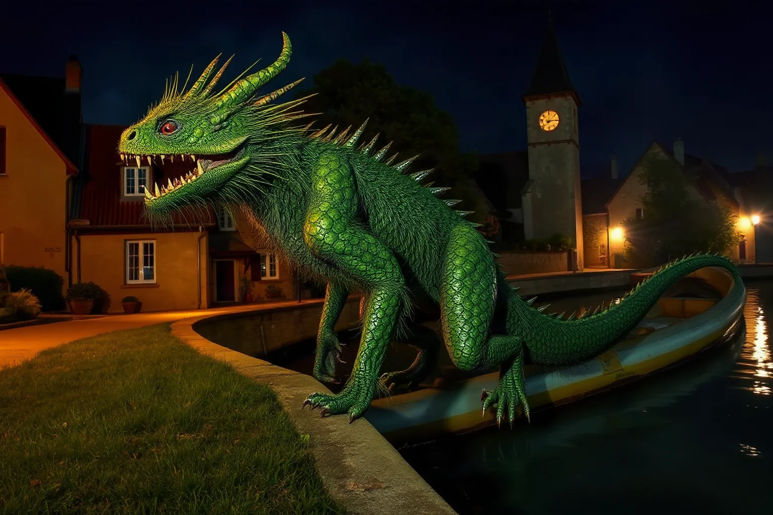 A shaggy green-quilled dragon-like beast prowling near a quiet French riverside village at night