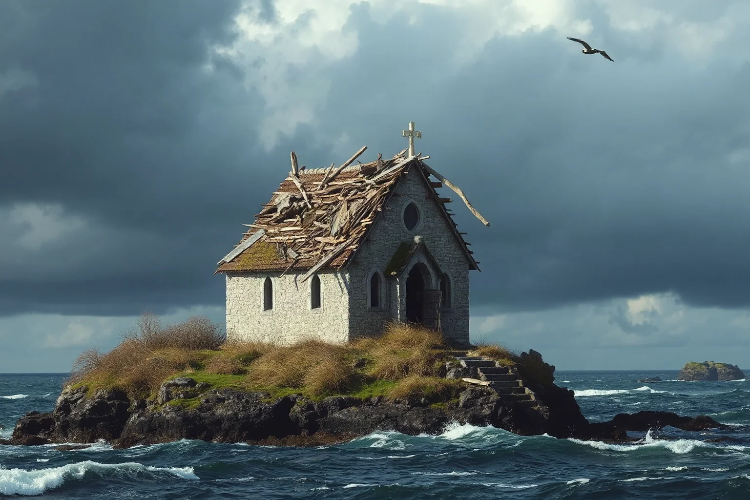 A shapeshifting ogre-like spirit tearing the roof off a small stone chapel on a windswept island