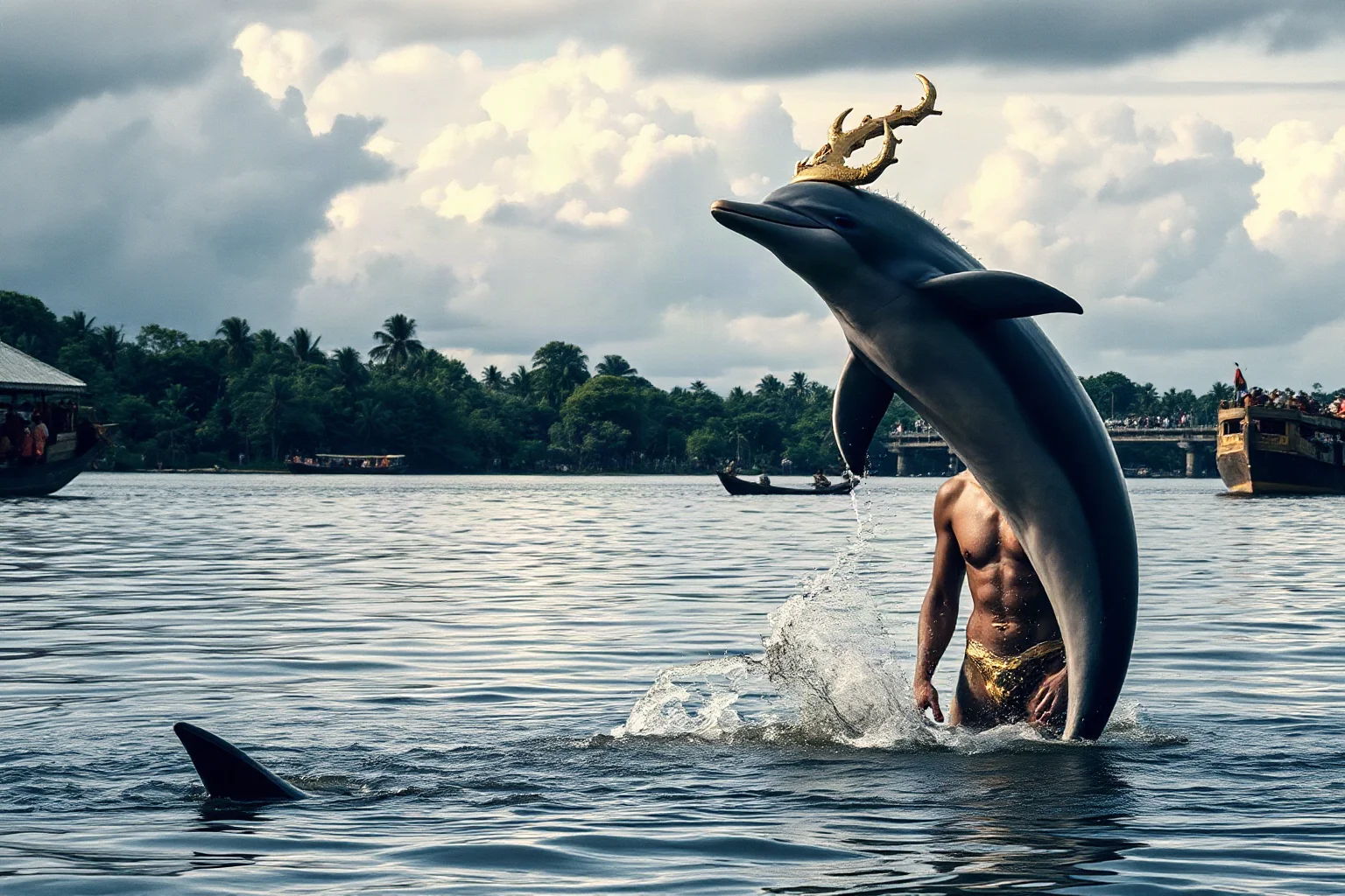 A shapeshifting river dolphin spirit transforming into a human figure beside an Amazon riverbank festival