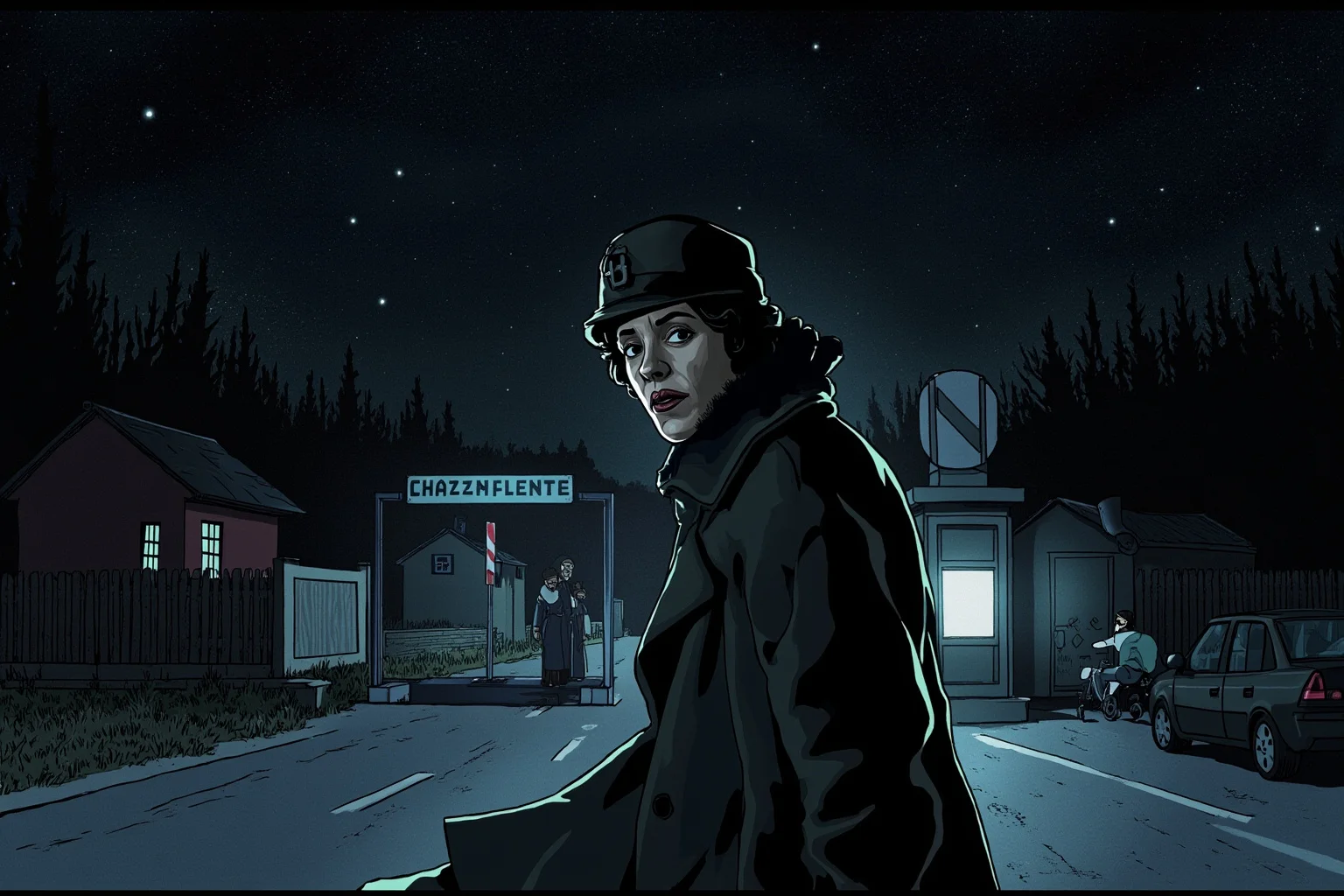 A sharp-eyed woman in a long coat crossing a European border checkpoint at night, WWII era, illustrated style