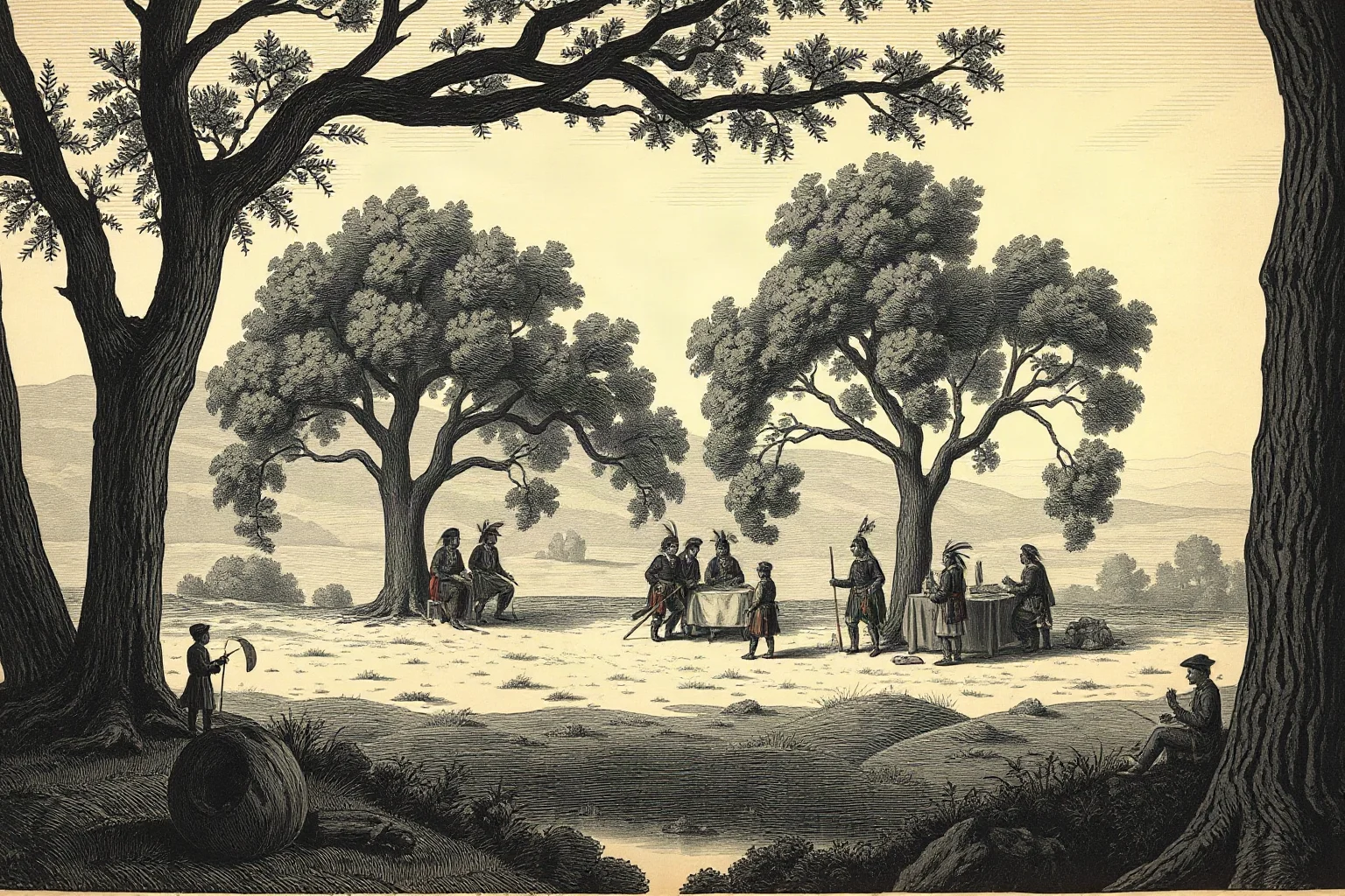 A Shawnee council gathering under trees in the Ohio Valley, early 1800s historical illustration style