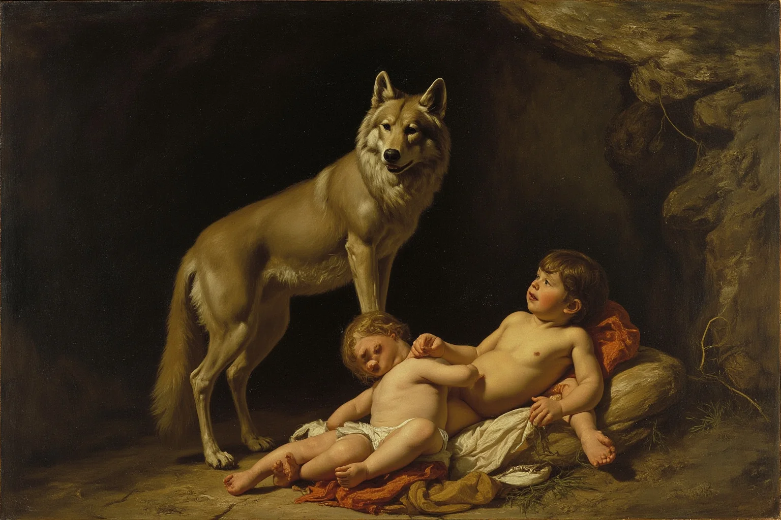 A she-wolf standing over two infants in a cave, evoking the Romulus and Remus founding myth