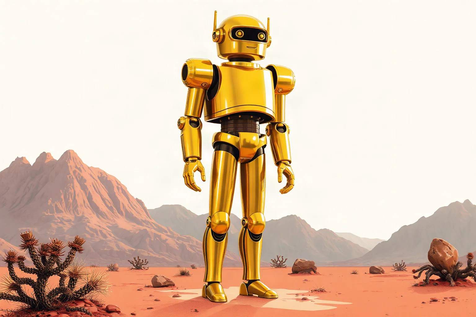 A shiny humanoid robot character standing in a desert landscape, one leg subtly a different metallic tone than the rest of its gold body, retro sci-fi illustration