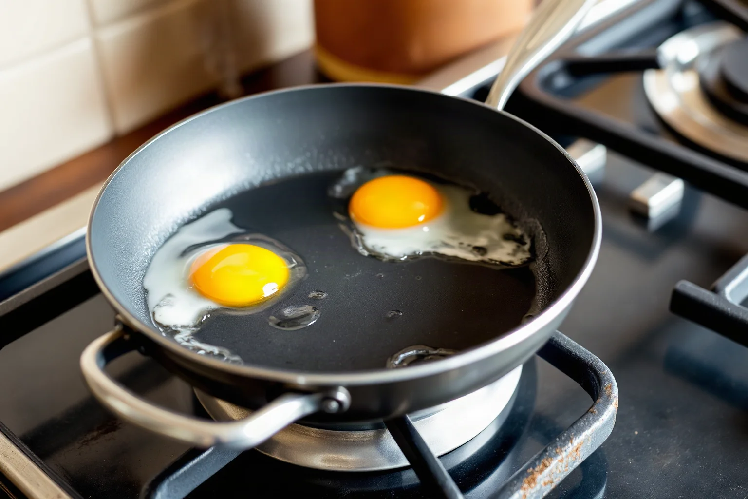 A shiny non-stick frying pan with eggs cooking on a 1950s stovetop