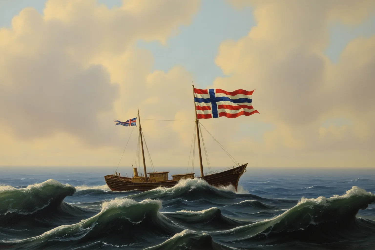 A ship at sea flying two different flags on the horizon, symbolizing neutrality, historical maritime painting style