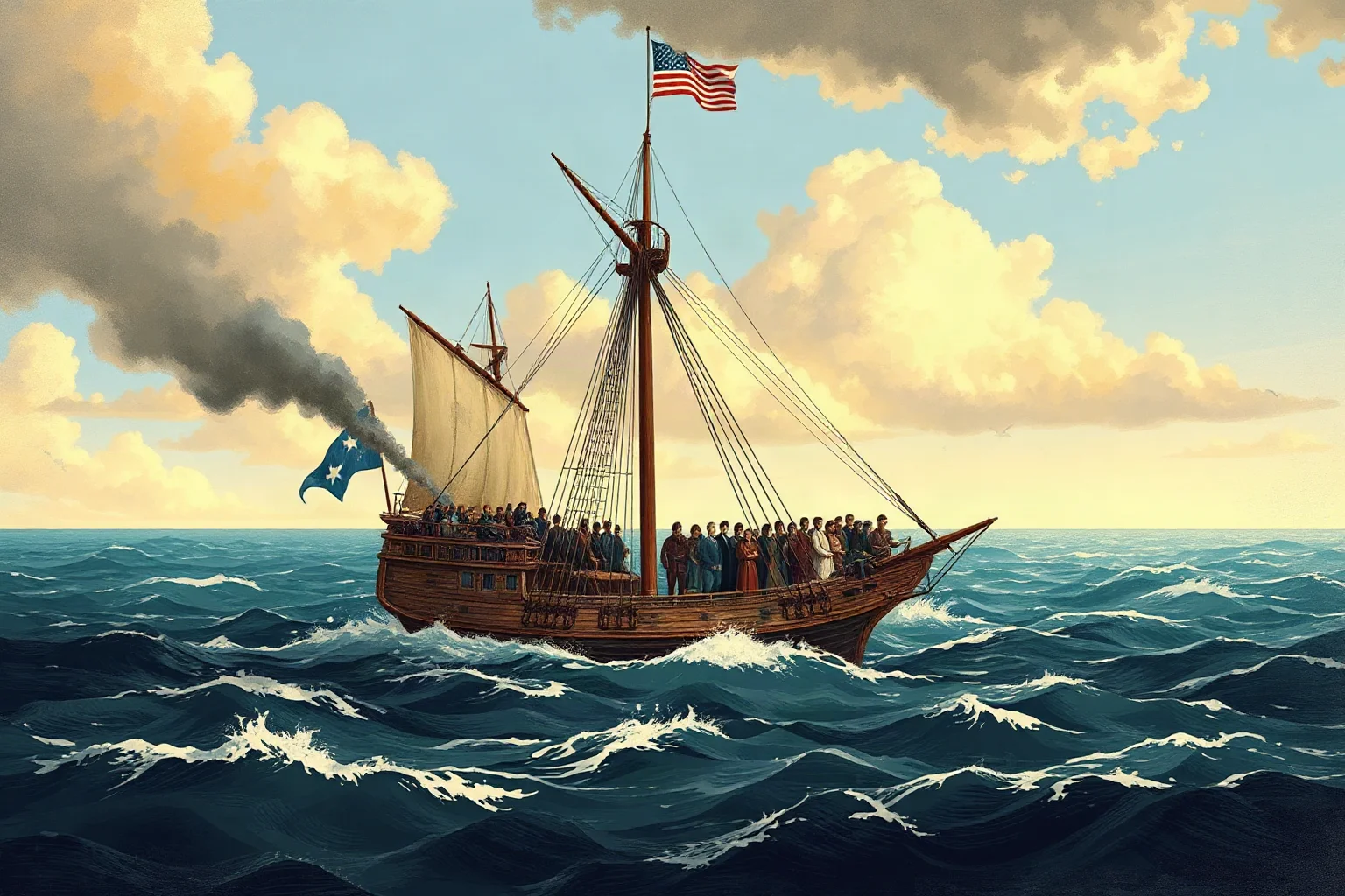 A ship crowded with immigrant families crossing the Atlantic Ocean in the early 19th century, historical maritime illustration