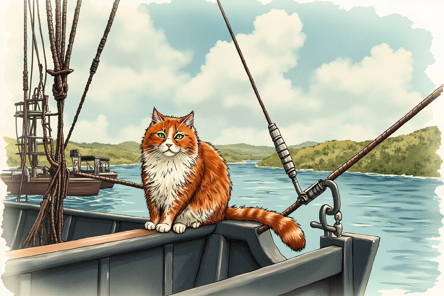 22 Animal Heroes Who Changed Human History 12 A ship's cat sitting on the railing of a grey warship on a river, illustrative style