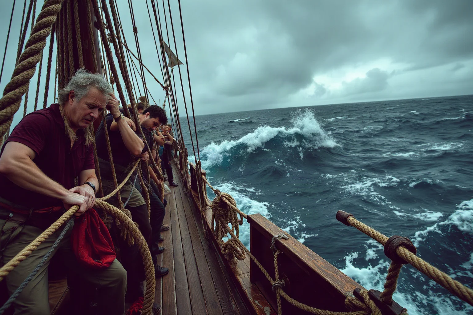 A ship's crew hurriedly pulling ropes on a stormy deck, illustrating the word 'Yare' meaning ready and quick
