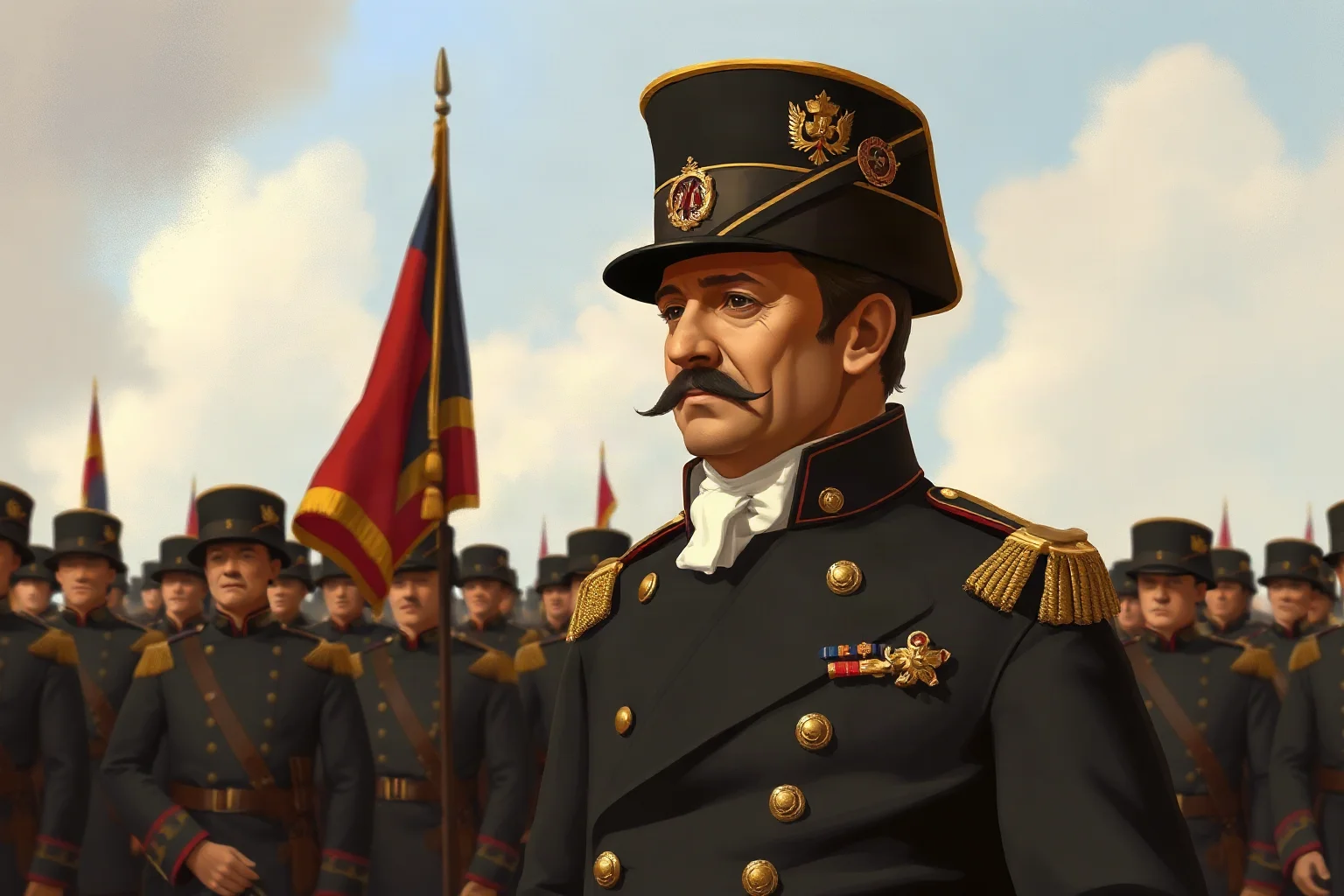 A short 19th-century French military general in an iconic bicorne hat and long coat, standing confidently before his troops, historical illustration style