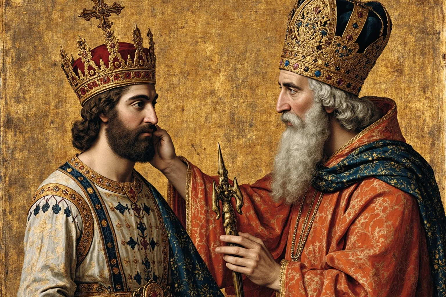 A short-statured early medieval Frankish ruler being crowned by a bishop, illustrative historical painting style