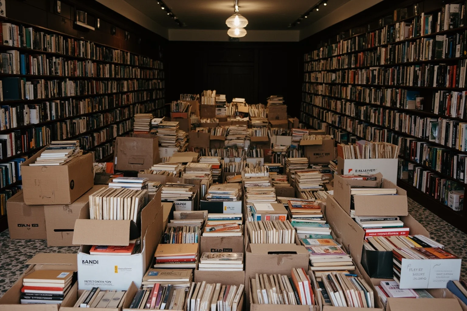 A shuttered bookstore interior with books packed into cardboard boxes on the floor
