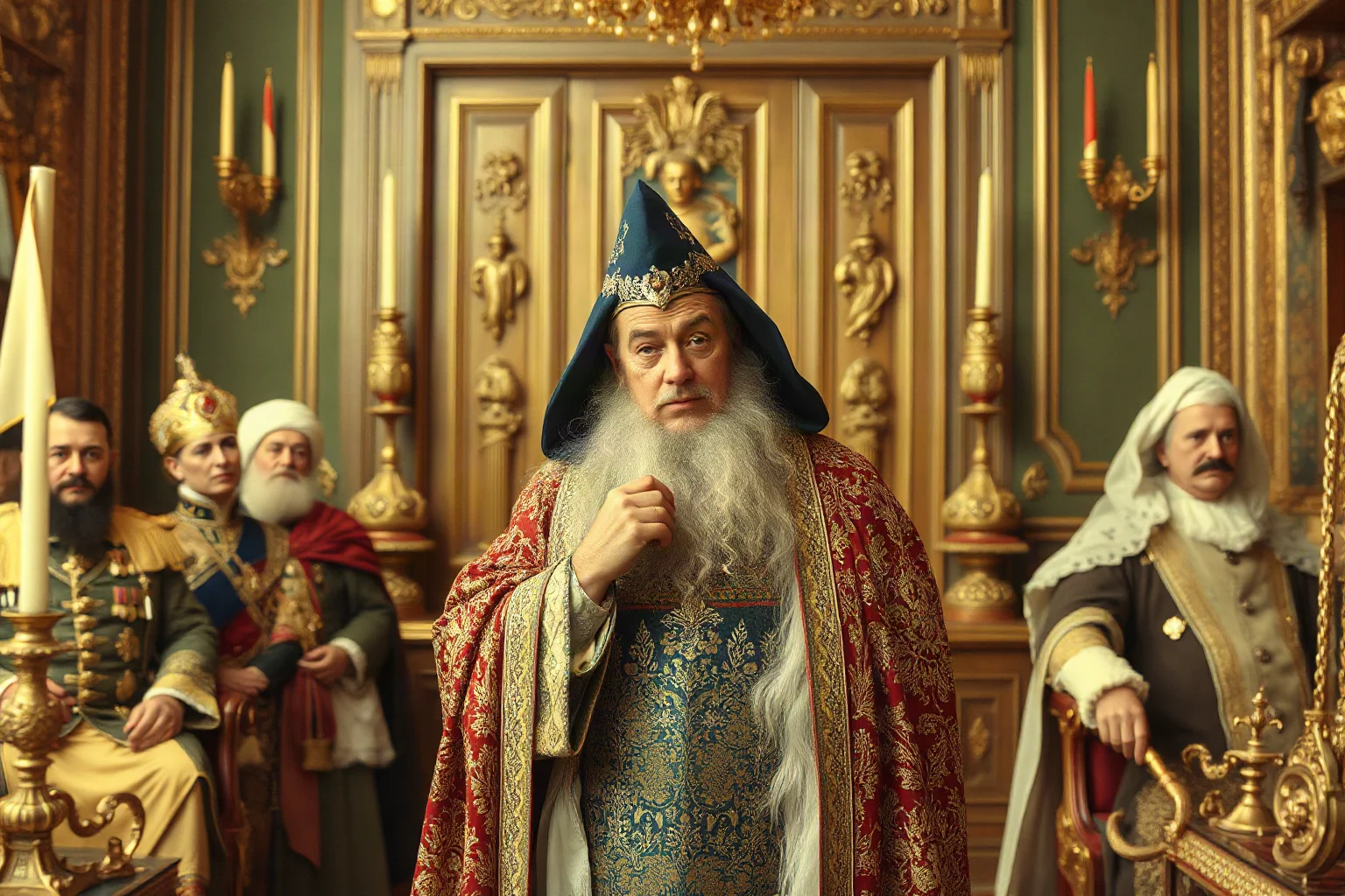 A Siberian mystic in ornate robes at the Russian imperial court, surrounded by worried nobles and royalty in early 20th century palace settings