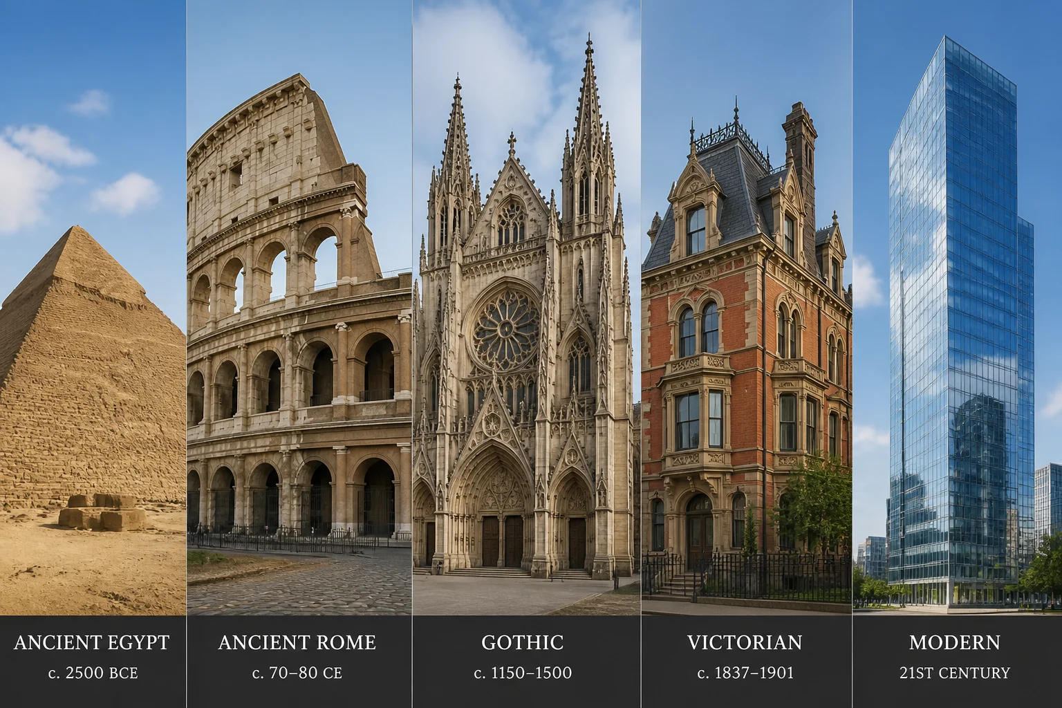 A side-by-side collage of architectural styles from different eras, including a pyramid, a Roman colosseum, a gothic cathedral, a Victorian building, and a modern glass tower