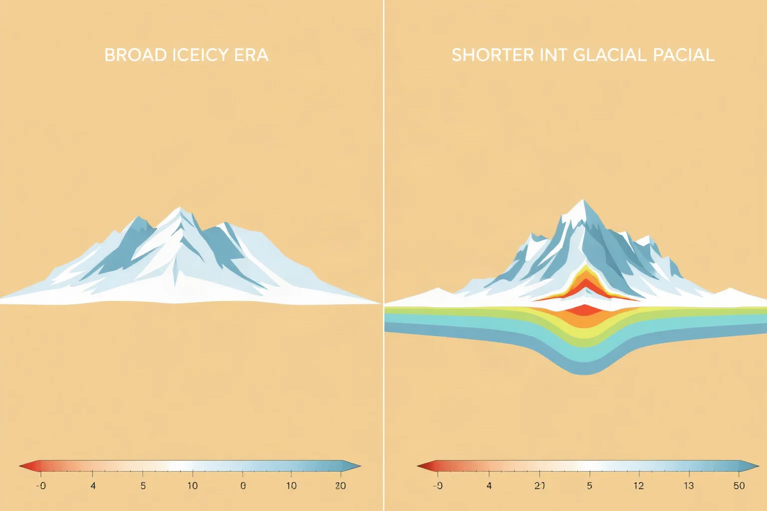 A side-by-side diagram contrasting a broad icy era with a shorter intense glacial peak within it