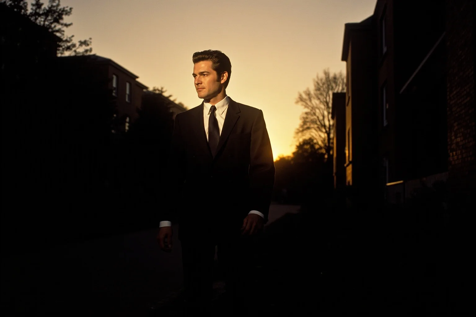 A silhouette of a well-dressed man walking through a 1970s American college campus at dusk