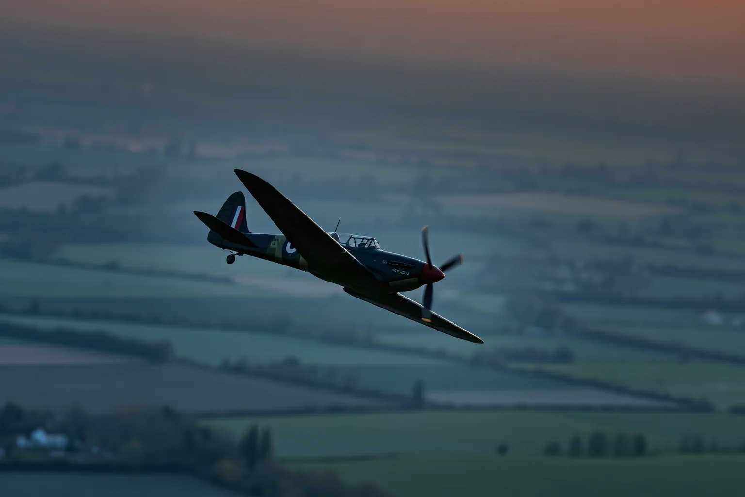 A silhouette of a WWII-era fighter plane flying over the green English countryside at dusk