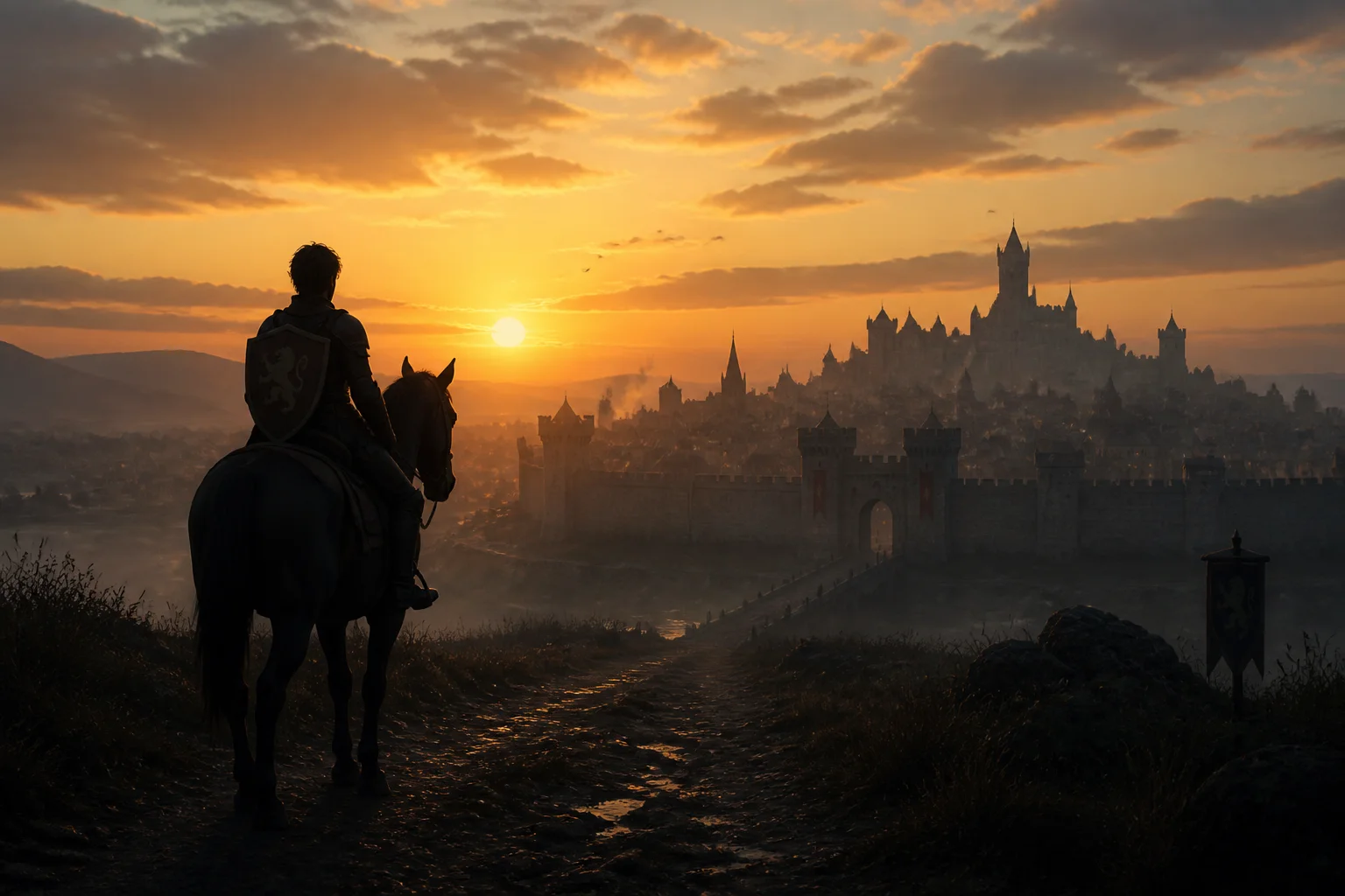 A silhouette of a young armored figure on horseback riding toward a walled medieval city at dawn