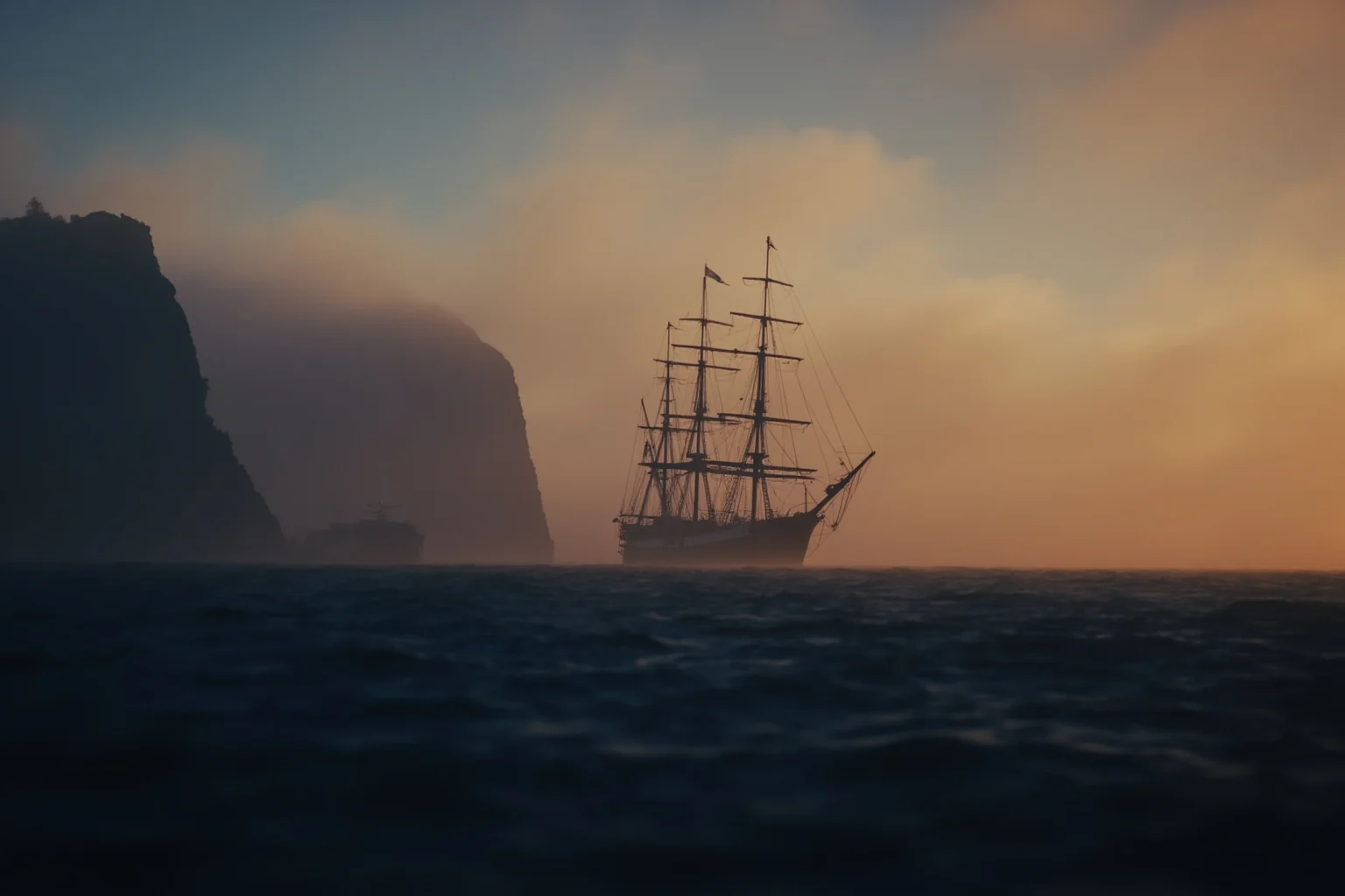 A silhouette of an old sailing ship anchored near foggy cliffs at dusk