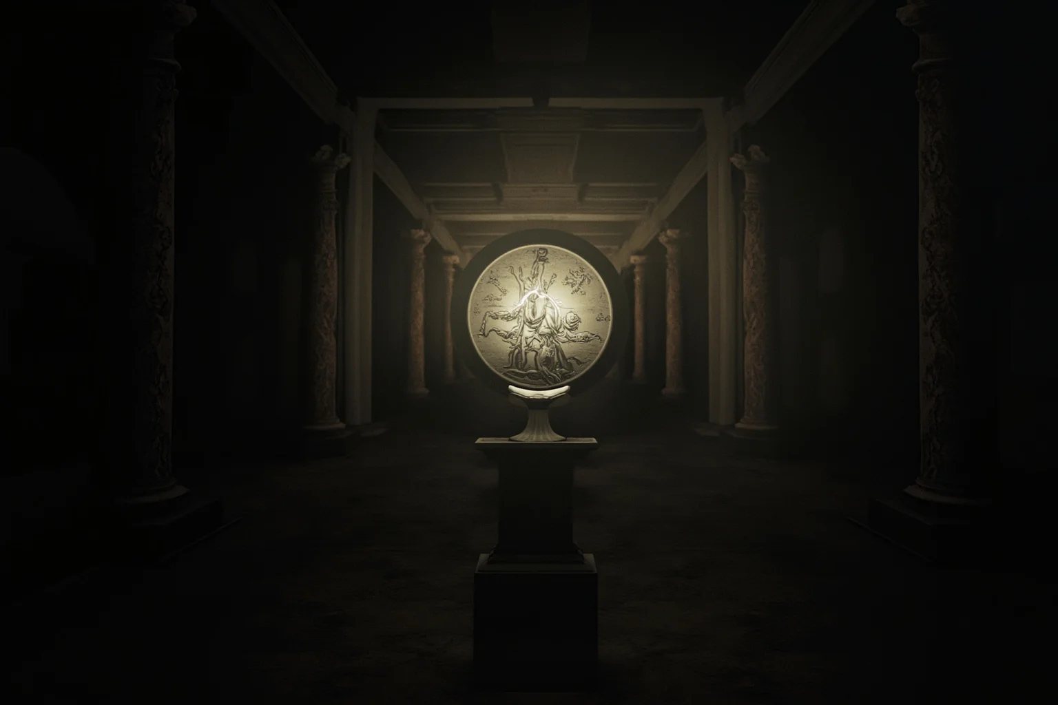 A silver medallion glowing faintly beside an ancient exorcism scene in a dim cathedral, symbolic art
