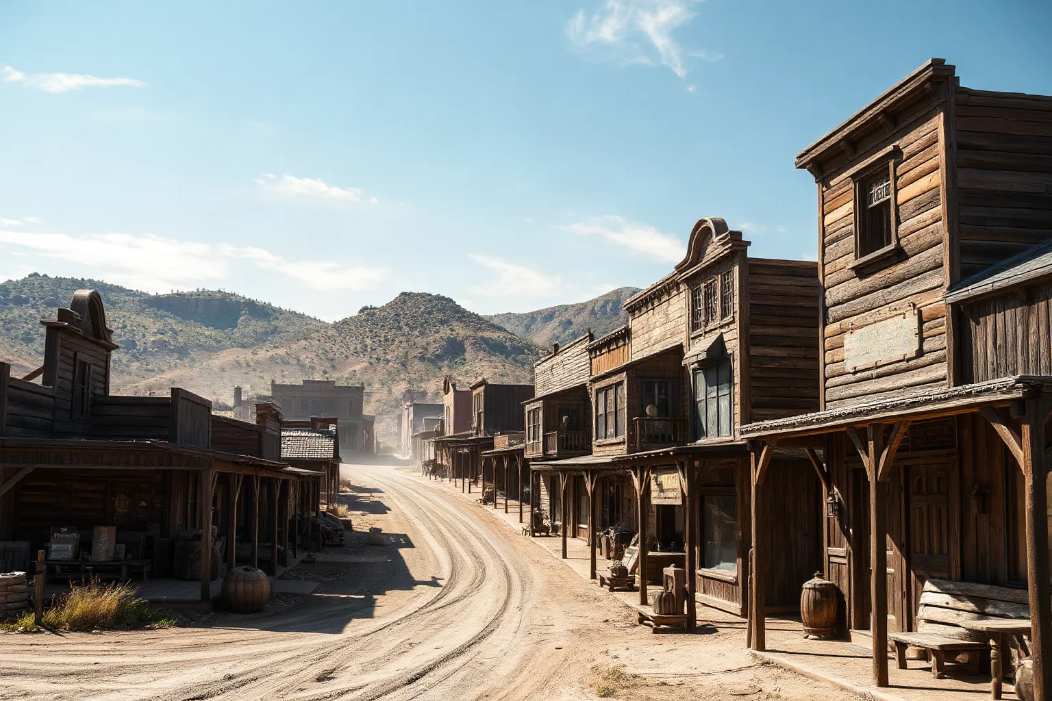 A silver-mining boomtown with wooden buildings, mine shafts, and dusty streets in the desert