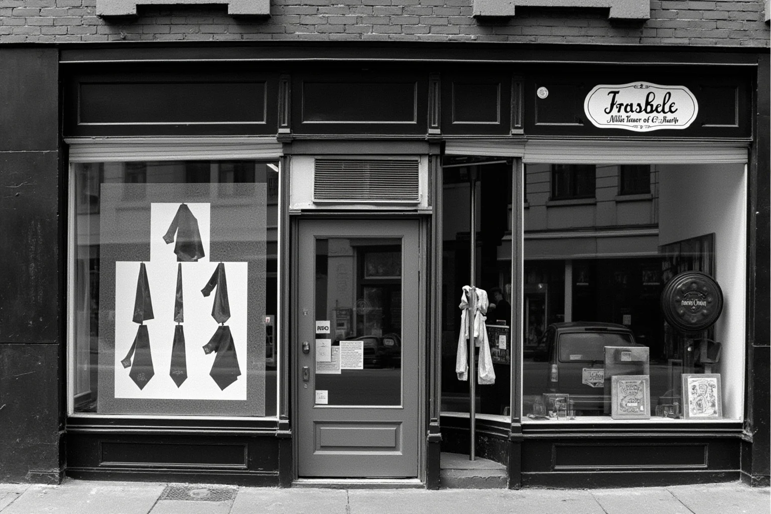 A simple 1970s New York tailor shop storefront with ties displayed in the window