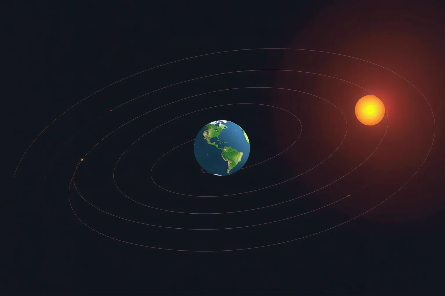 A simple diagram of Earth's tilted, wobbling orbit around the sun with subtle motion lines