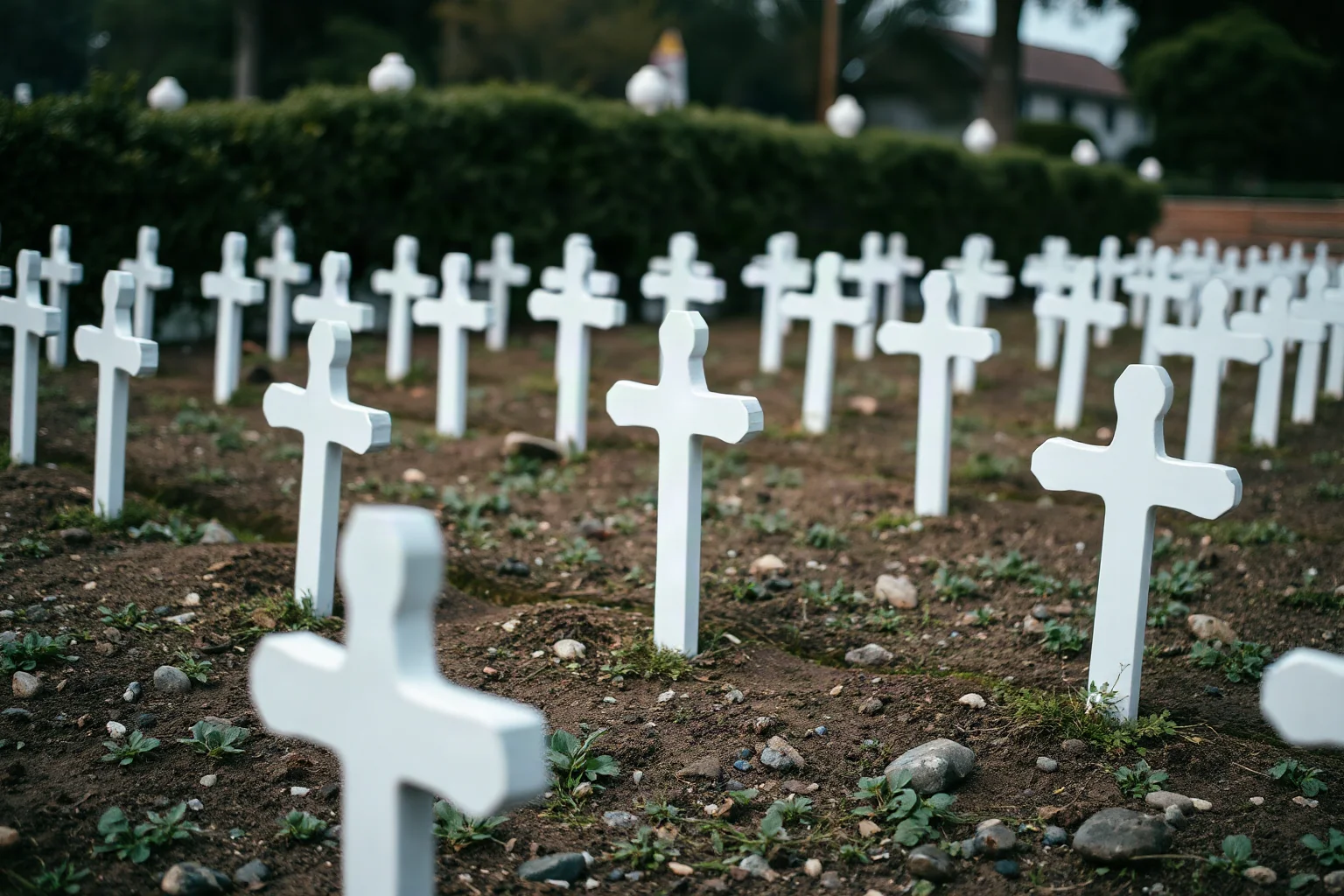 A simple memorial garden with rows of white crosses or stones representing lives lost in an African genocide, respectful tone