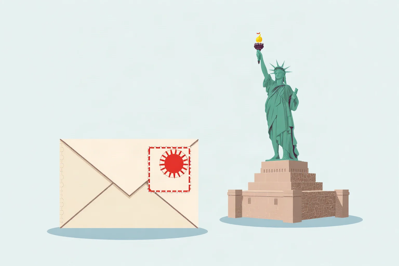 A simple postal envelope and stamp icon beside a distant harbor statue, illustrative style