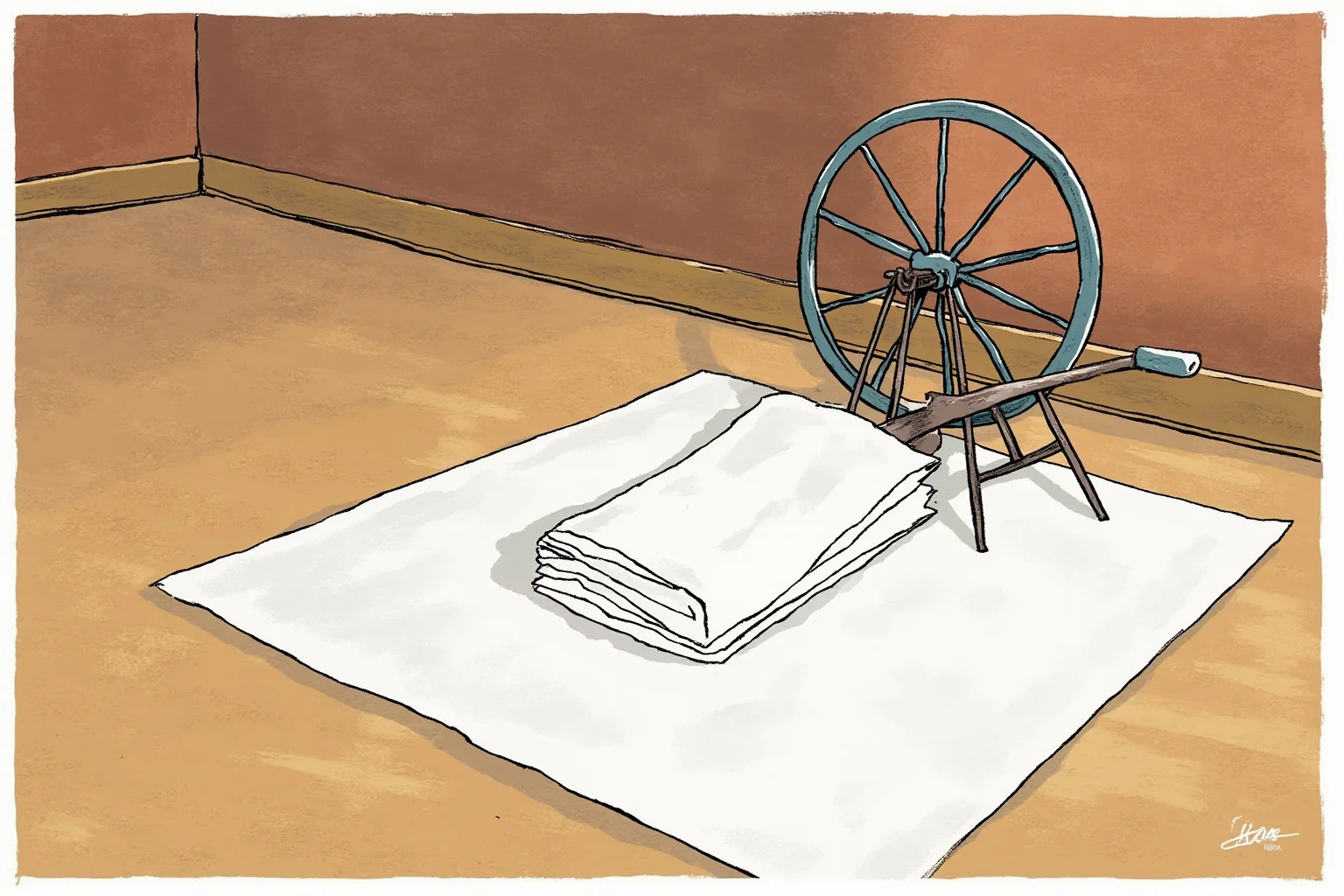 21 Beloved Historical Figures Who Are Controversial Today 14 A simple spinning wheel and folded white cloth on a wooden floor, symbolic of the Indian independence movement, calm editorial illustration