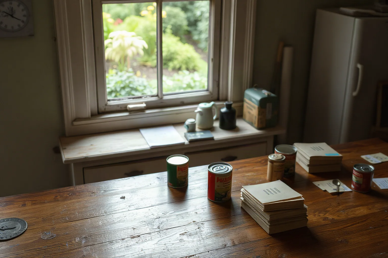 A simple wartime kitchen table with canned meat, ration books, and a small vegetable garden visible through the window