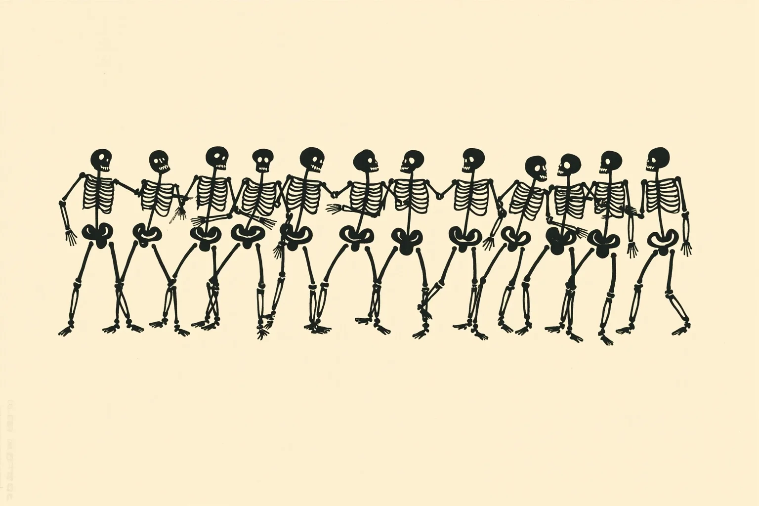 22 Creepiest Pieces of Medieval Art (And the Strange History Behind Them) 20 A simple woodcut illustration of a row of skeletal figures holding hands in a solemn dance against a plain background