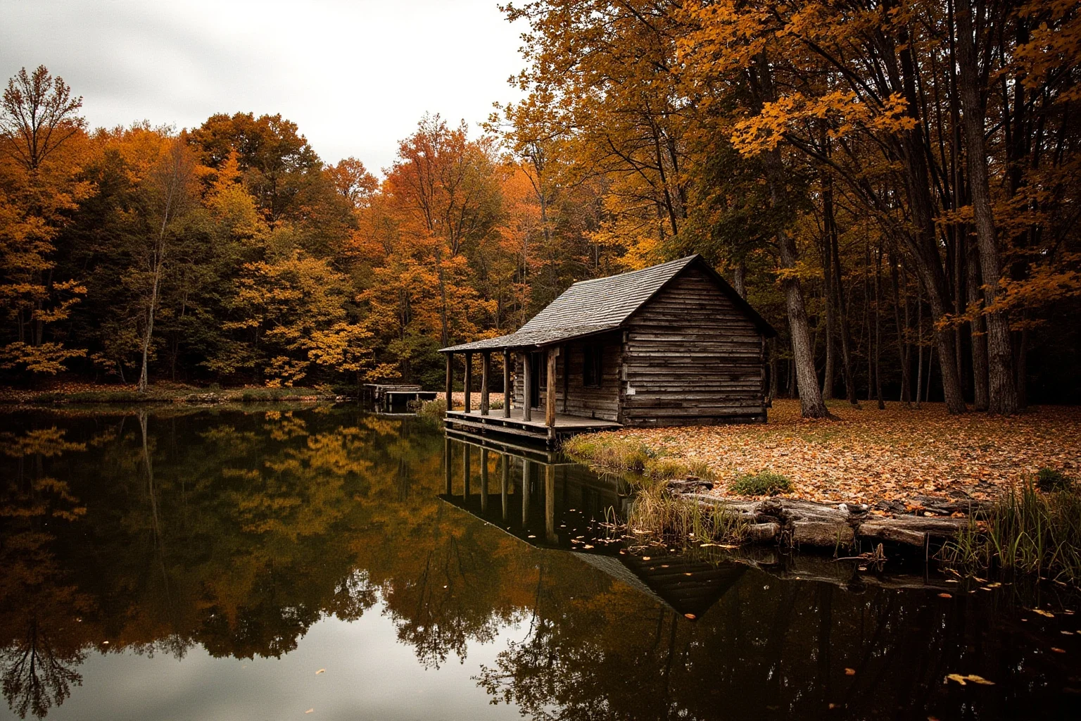TB or Not TB: 22 Historical Figures Who Contracted Tuberculosis 10 A simple wooden cabin beside a quiet pond surrounded by autumn trees, evoking 1850s New England