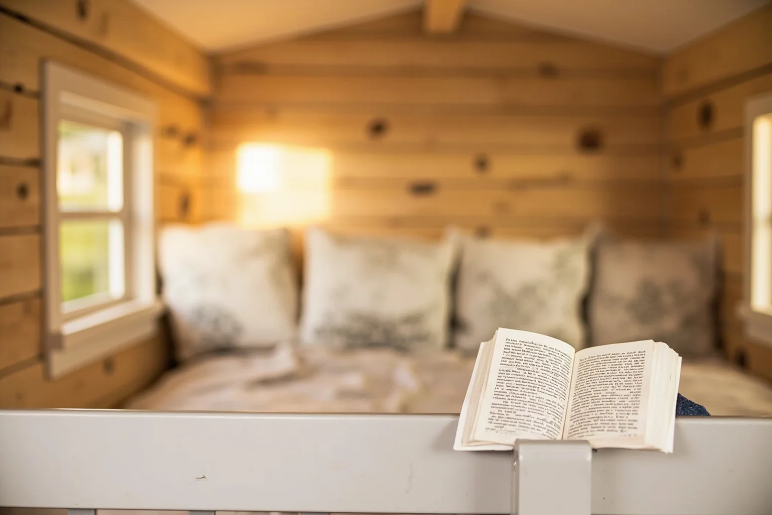 A simple wooden farm bunkhouse interior with a paperback book on a bunk bed