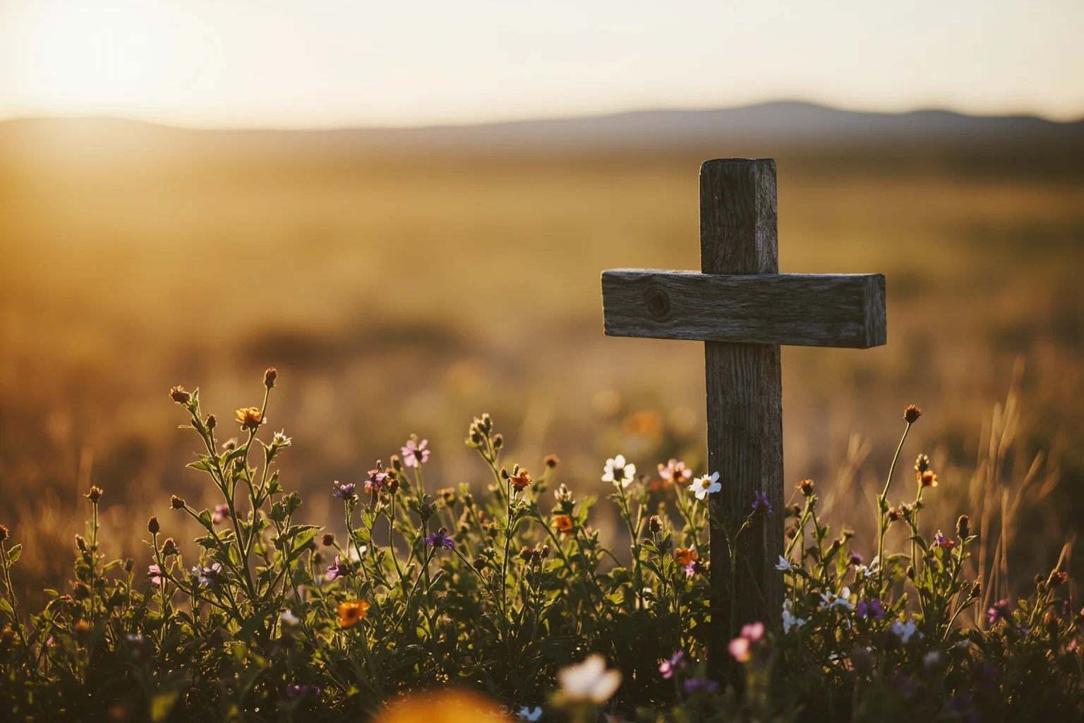 Hilarious Slang Terms From The Wild West 21 A simple wooden grave marker with wildflowers growing around it on a windswept prairie, peaceful evening light