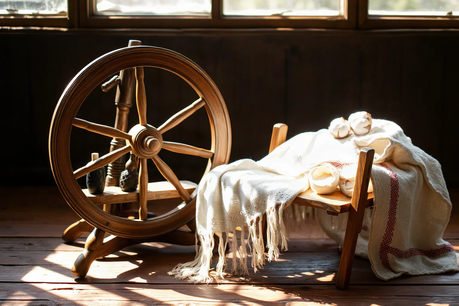 A simple wooden spinning wheel and folded cotton shawl resting in warm natural light