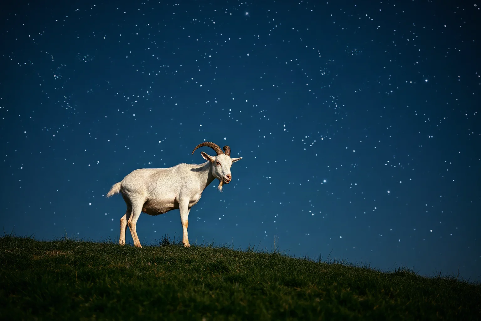A single goat standing on a hillside under a starry night sky, referencing the astrology speech about 'Goatish' nature