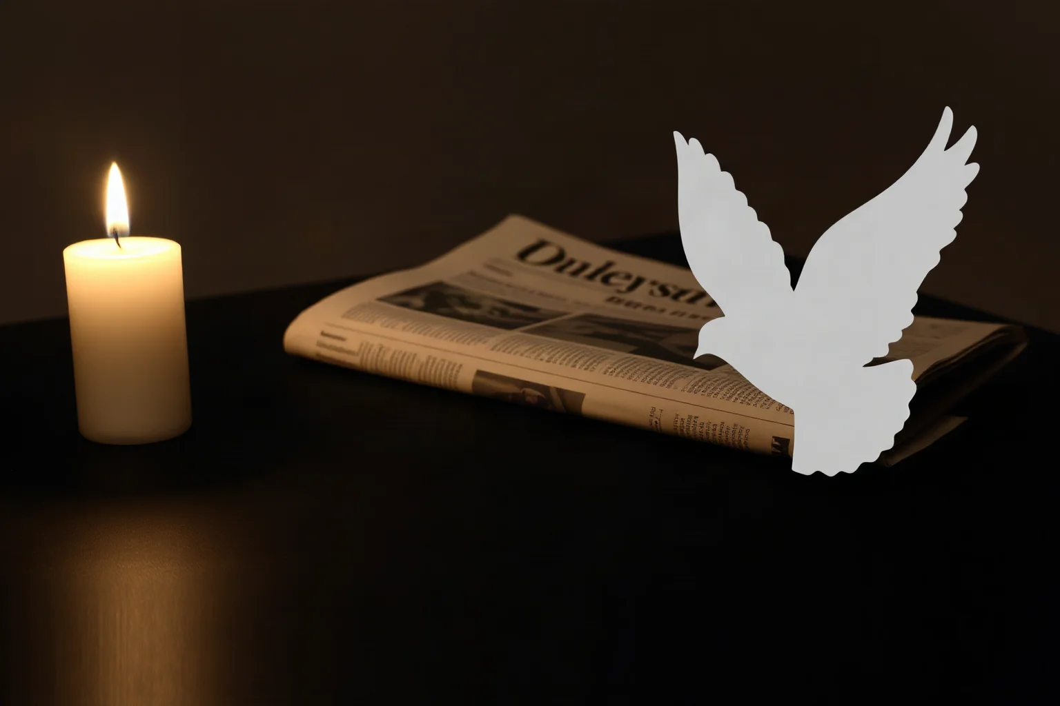 A single lit candle beside a folded newspaper and a white dove silhouette on a dark table