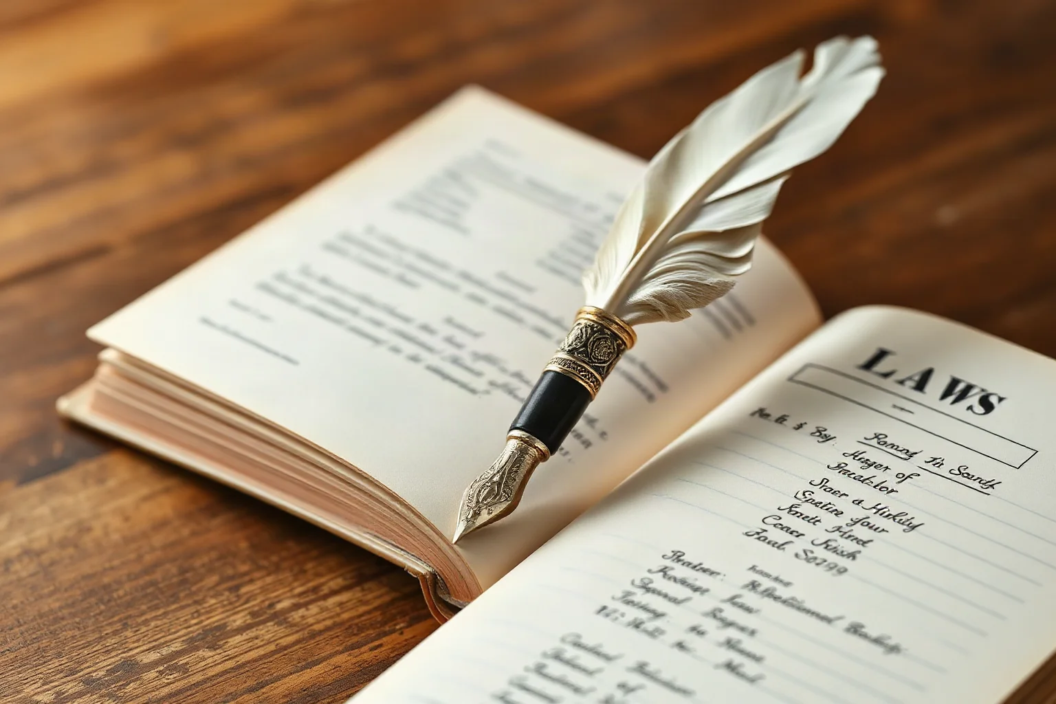 A single ornate quill pen balanced between an open law book and a farming ledger, symbolizing contradiction, historical illustration