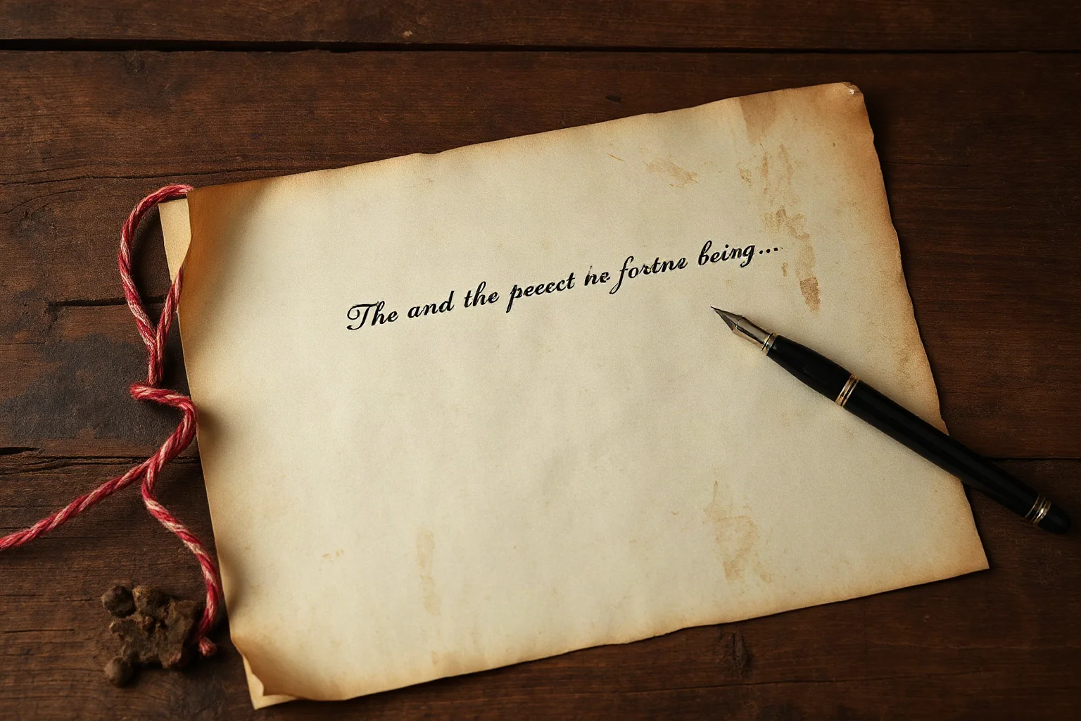 A single sheet of aged parchment with a short handwritten speech and a quill pen beside it, historical still life